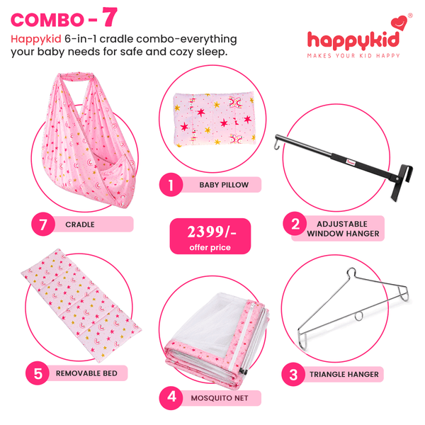 HappyKid Premium Baby Cradle Combo with Adjustable Window Hanger & Bed Cradle – 6 in 1 | Combo 7