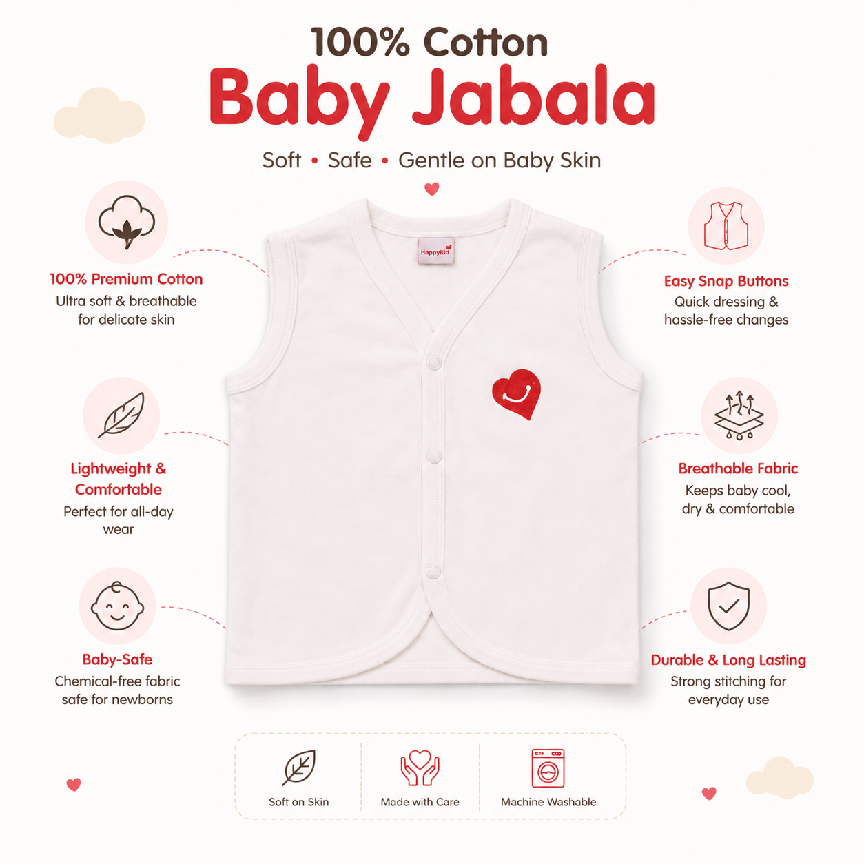 HappyKid Full White Cotton Baby Jabala – 3 Pack (0–6 Months)