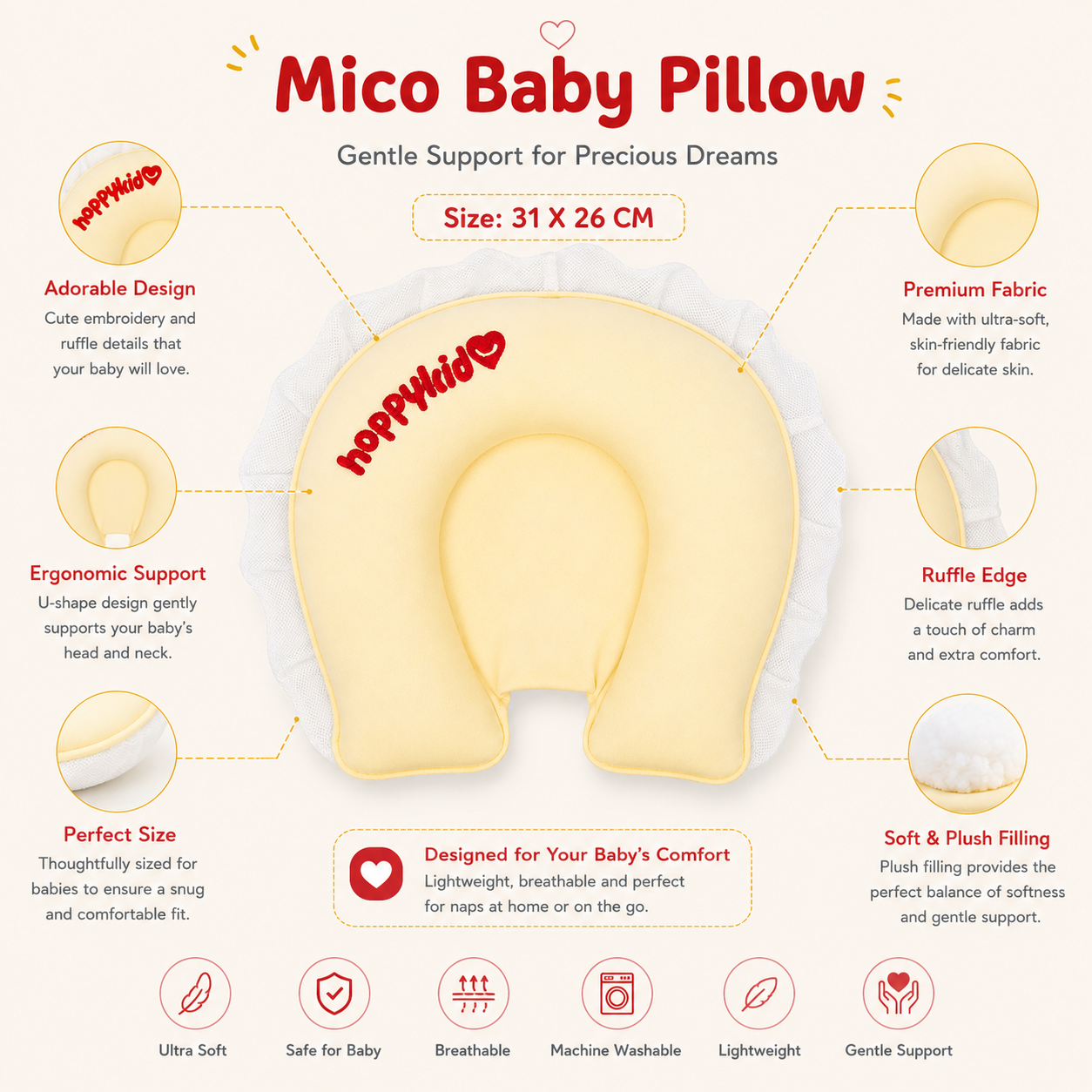 Mico Baby Head Support Pillow 31 x 26 cm