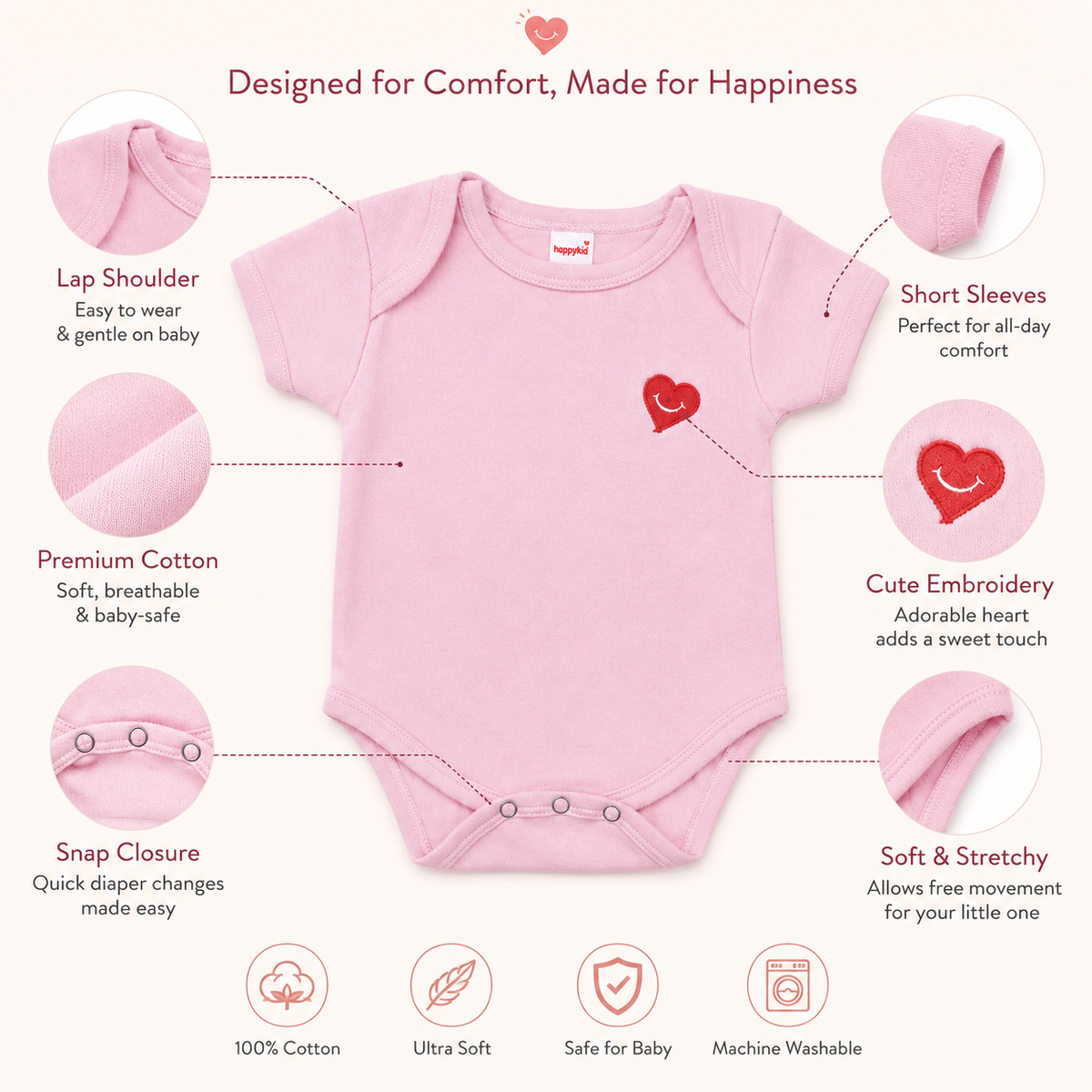 HappyKid Cotton Baby Bodysuit – Short Sleeve, 0–3 Months