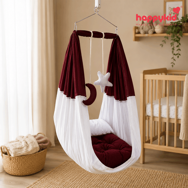 HappyKid 7-in-1 Baby Hanging Cradle with Adjustable Window Hanger & Soft Cushion Bed