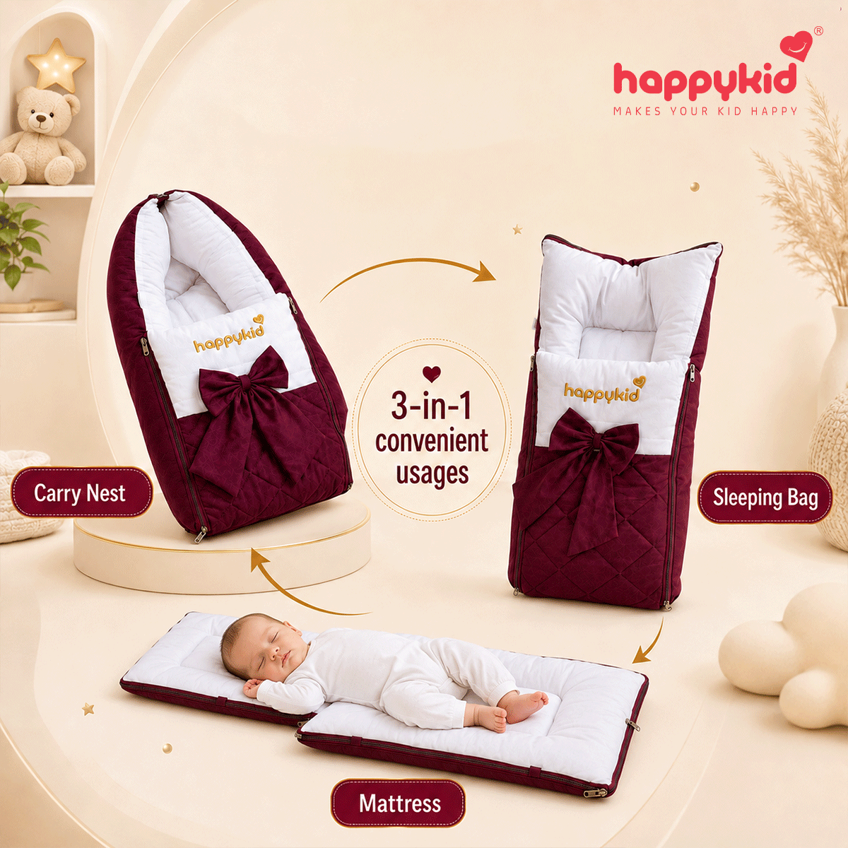 HappyKid Premium Cotton Baby Carry Bed | 3-in-1 Newborn Sleeping Nest